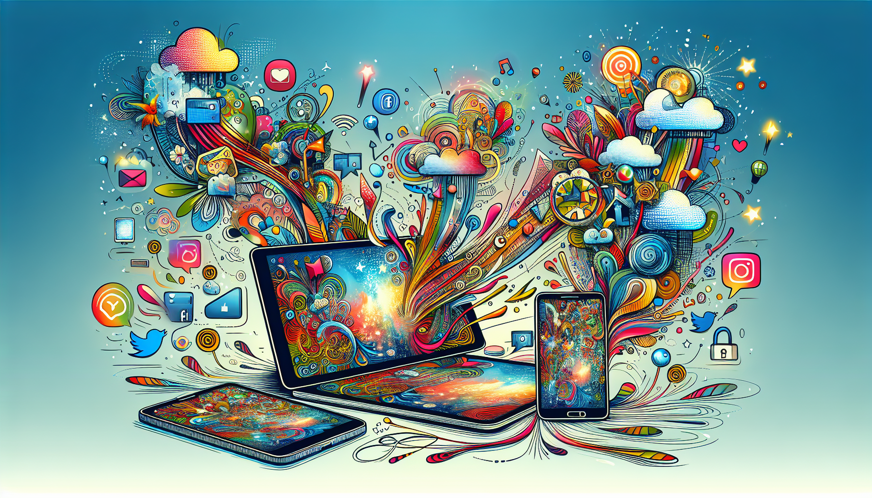 An illustration depicting the process of downloading and sharing AI-generated images.